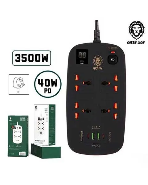 Green Lion 4 AC 2 USB And 2 USB-C PD 40W Multiport Smart Power Socket 3500W 3M