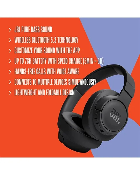JBL Tune 720BT Wireless Over-Ear Headphones-Bluetooth 5.3-Foldable Design-Black