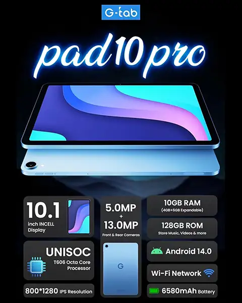 G-TABPAD10ProTablet128+4+6GB10.1InchAndroid14.0Silver