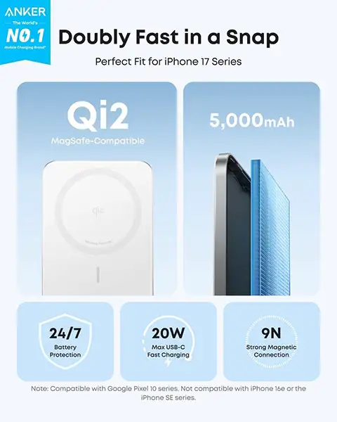  Anker Nano Power Bank 5,000mAh Magnetic Wireless Charging Battery-White