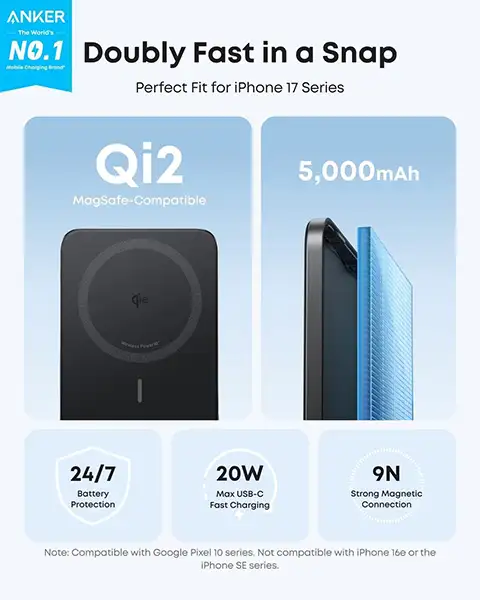  Anker Nano Power Bank 5,000mAh Magnetic Wireless Charging Battery-Black