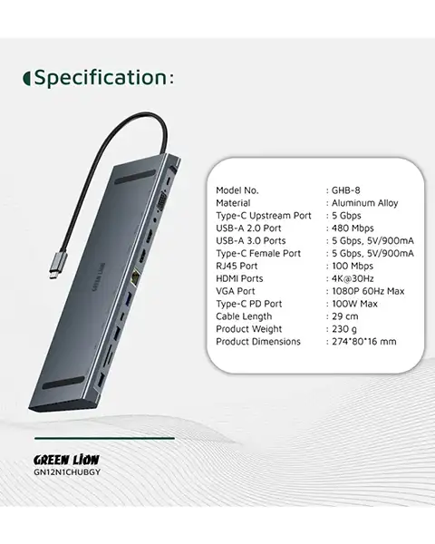 Green Lion 12 in 1 4K HDMI Ethernet USB-C HUB-Gray