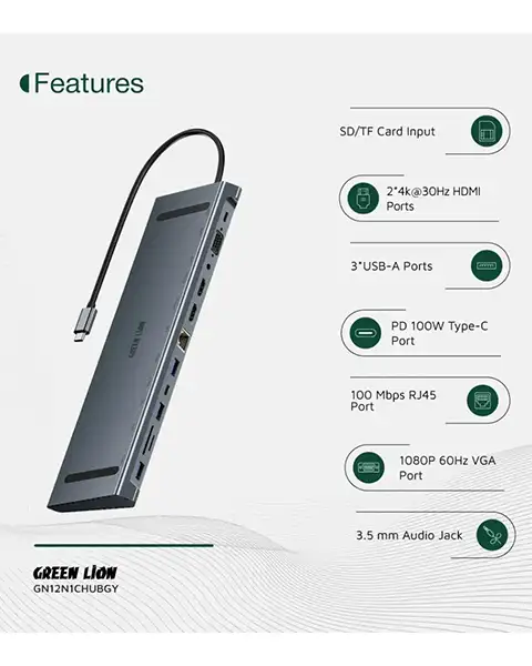 Green Lion 12 in 1 4K HDMI Ethernet USB-C HUB-Gray