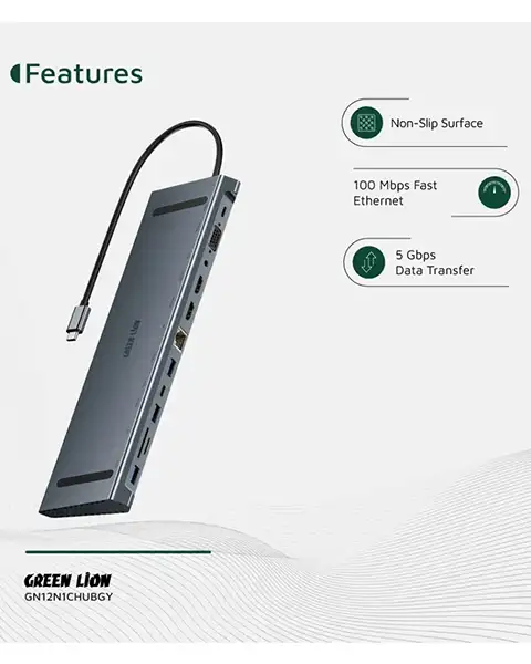 Green Lion 12 in 1 4K HDMI Ethernet USB-C HUB-Gray