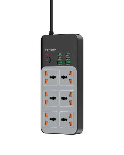 Porodo 3000W | 6AC Universal Power Strip with 6 USB Ports 4C-2A-Gray