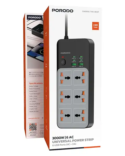 Porodo3000W|6ACUniversalPowerStripwith6USBPorts4C-2A-Gray