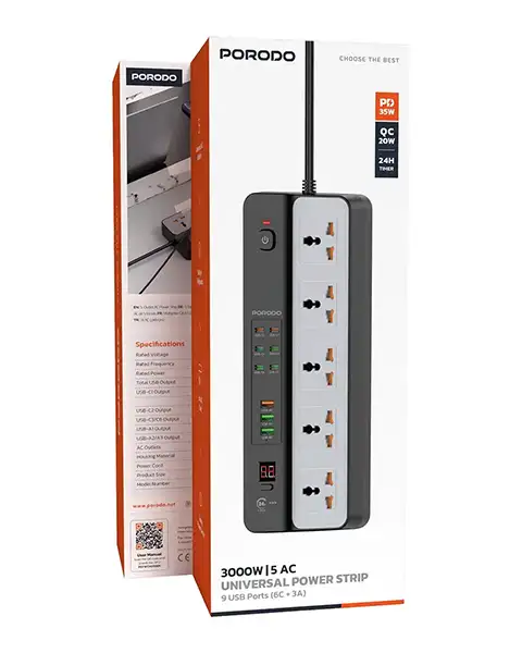 Porodo 3000W 5AC Universal Power Strip with 9 USB Ports 6C-3A-Black