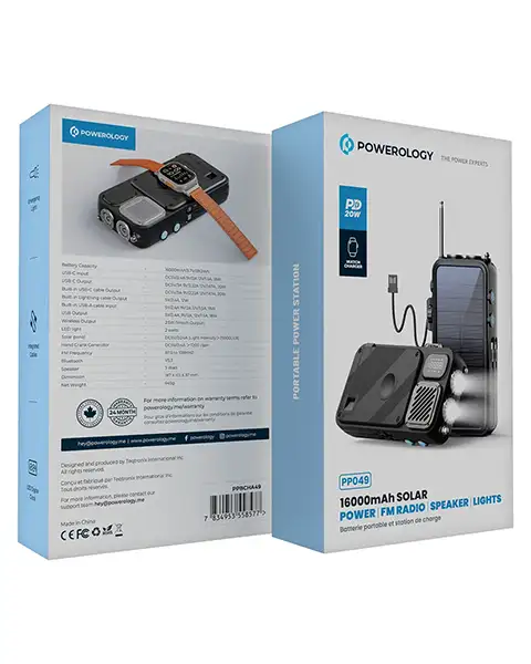 Powerology16000mAhSolarPowerBankwithFMRadioSpeakerandLights-Black