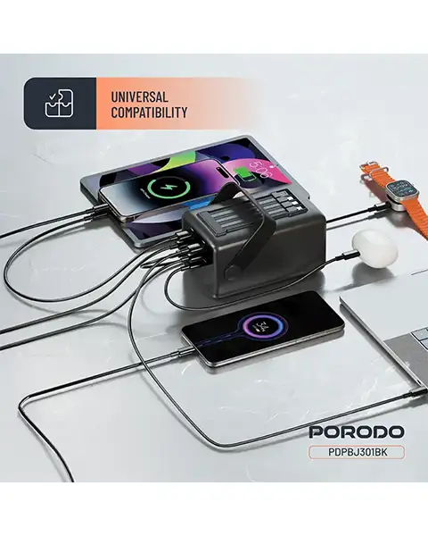 Porodo Lara 80000mAh Power Bank with Integrated Cables & Flashlight - Black