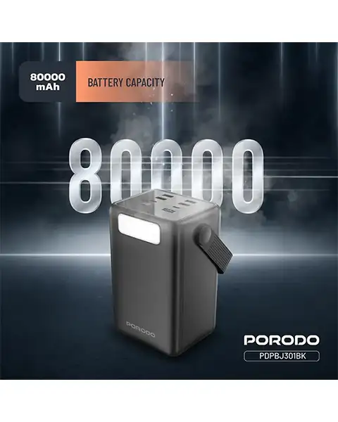 Porodo Lara 80000mAh Power Bank with Integrated Cables & Flashlight - Black