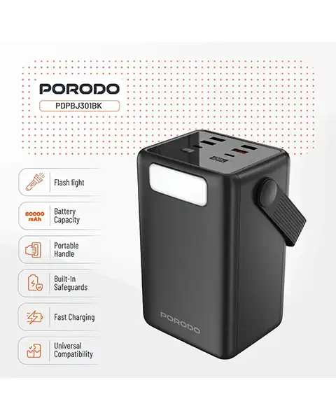 Porodo Lara 80000mAh Power Bank with Integrated Cables & Flashlight - Black
