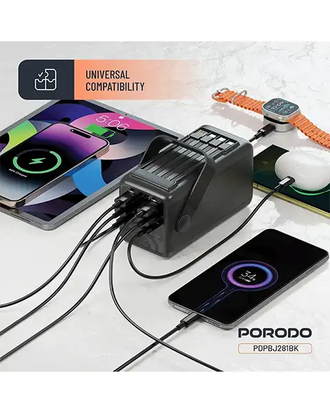 Porodo Lara 50000mAh Power Bank with Integrated Cables & Flashlight - Black
