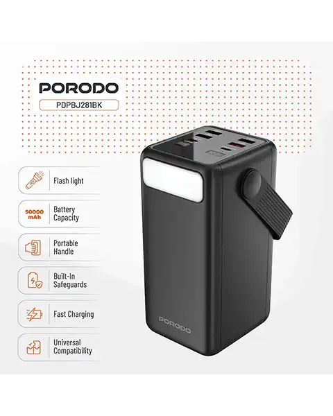 Porodo Lara 50000mAh Power Bank with Integrated Cables & Flashlight - Black