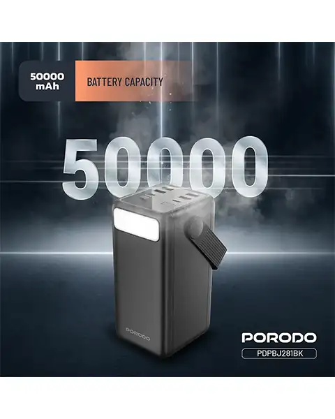 Porodo Lara 50000mAh Power Bank with Integrated Cables & Flashlight - Black