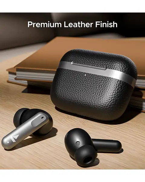 BoAt Airdopes 111v2 Premium Leather Finish 4Mics ENx, 50HRS Battery-Black