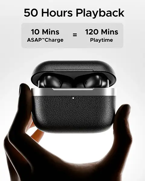 BoAt Airdopes 111v2 Premium Leather Finish 4Mics ENx, 50HRS Battery-Black