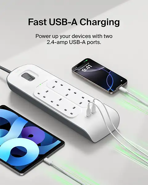 Belkin Power Strip Surge Plus Protector 6 Way Out2 USB Out- 2m