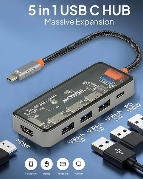 Mowsil 5-in-1 USB-C Hub Adapter  100W Fast Charging
