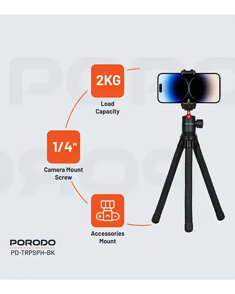 Porodo Flexible Tripod Stand - Black